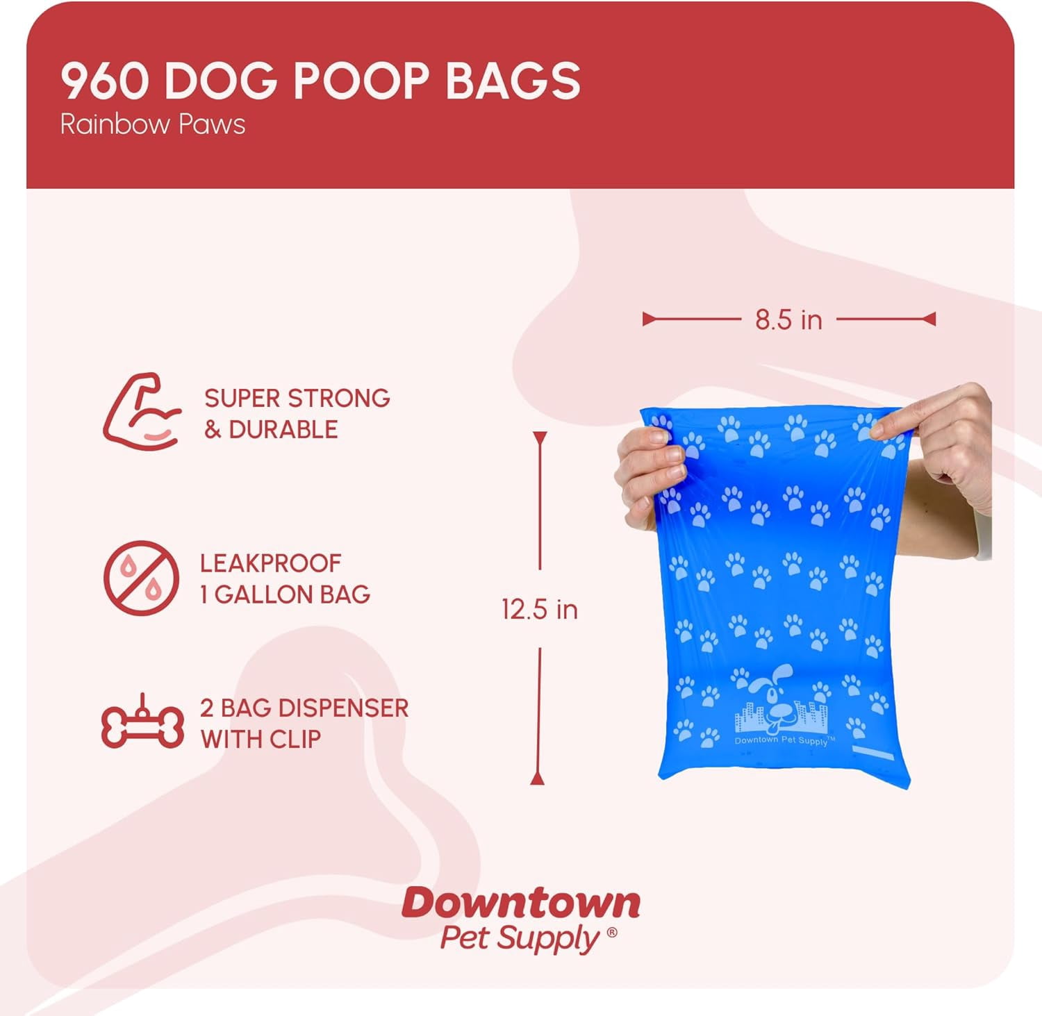 Leak-Proof Dog Waste Bags with Dispenser, 960 Count - Bone-Shaped Holder for Leash, Rainbow Paw Prints Design, 12.5" x 8.5"