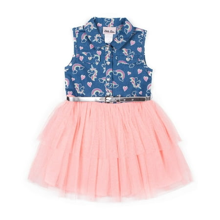 Unicorn Chambray and Glitter Tulle Dress (Little Girls)