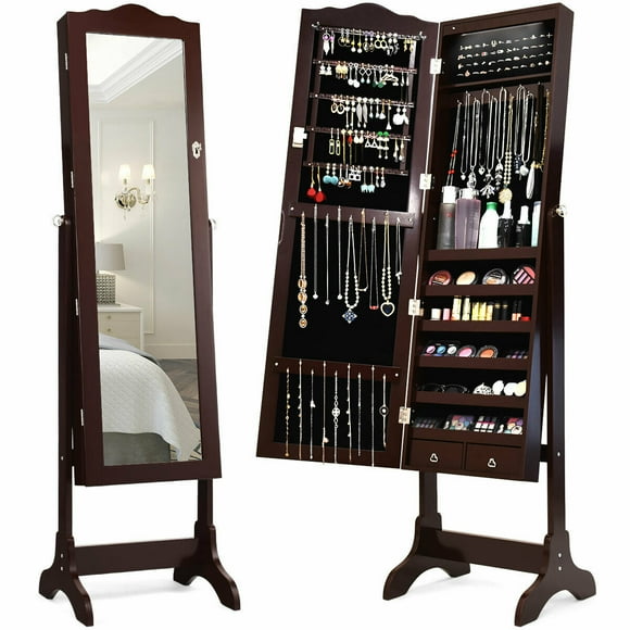 Gymax Mirrored Jewelry Cabinet Armoire with LED Lights and Lockable Design, Brown