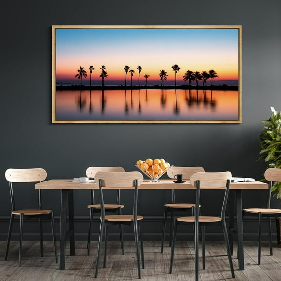 IDEA4WALL Extra Large Framed Canvas Print Wall Art Tropical Serenity Palm Tree Silhouette at Sunset Artwork Nature Vintage Inspired Pastel Fine Art Decorative Relax/Calm for Rooms Decor - 60"x30"