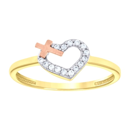 14k 14kt Tri-Color Gold Womens Cubic-Zirconia Cross Heart Ring