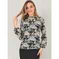 thumbnail image 4 of Allegra K Blusas de verano de gasa de manga larga con cuello alto y semitransparentes florales para mujer Negro L, 4 of 6