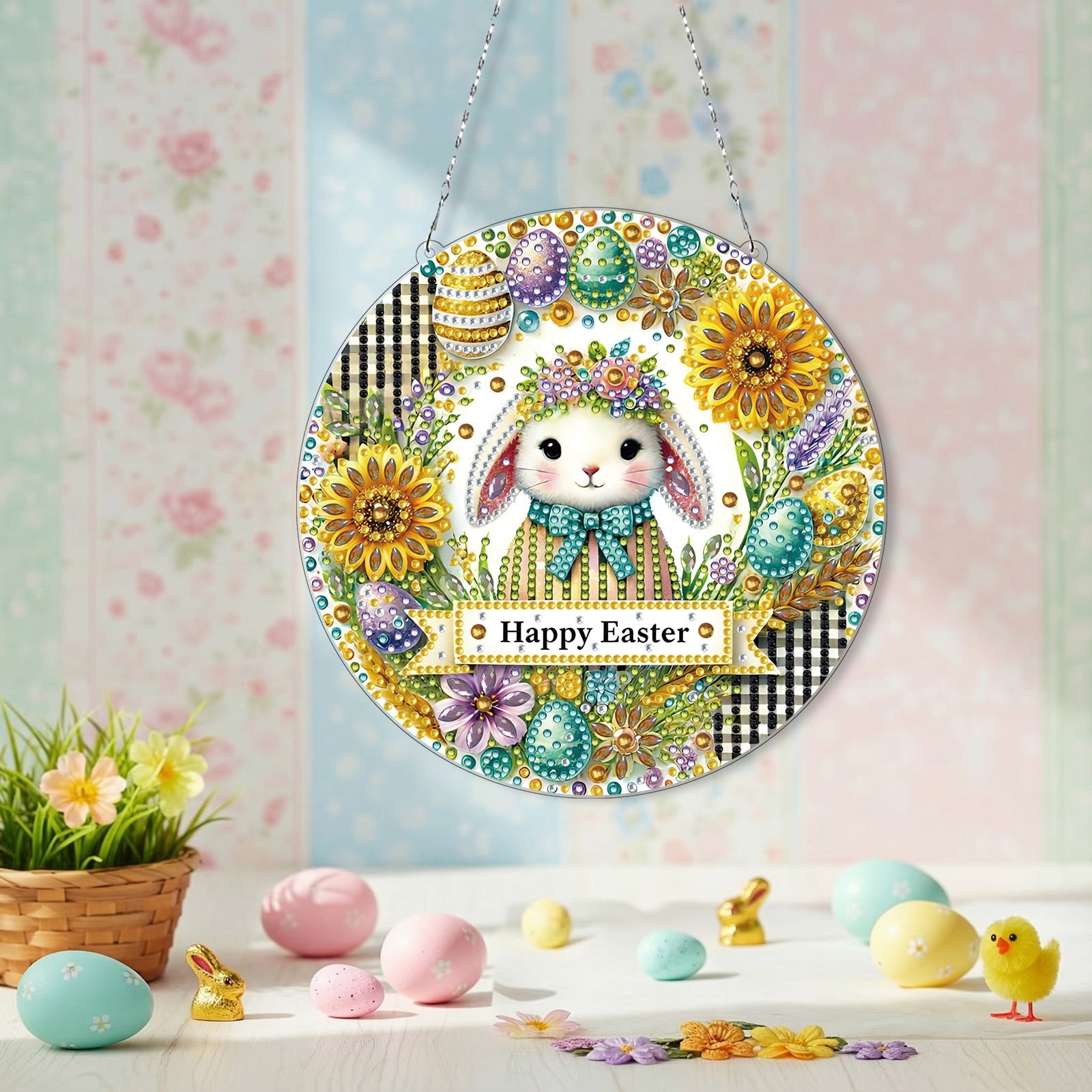 FLOPESN Circular Traditional-Style DIY Diamond Art Painting Pendant Easter Creative Design PET Material Home Decor Pendant