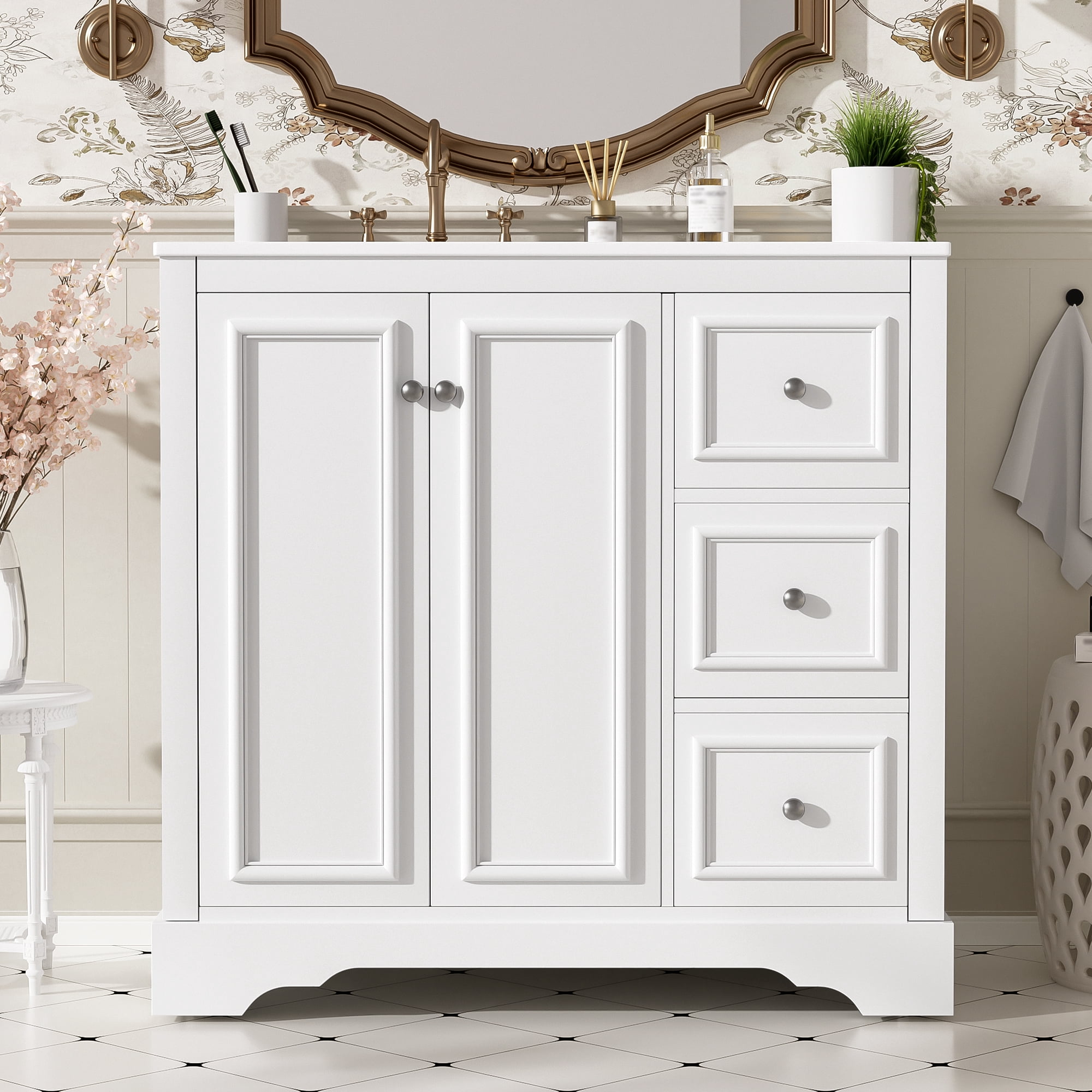 Euroco 36'' transitional bathroom vanity with ceramic sink – features 2 soft-close doors, an adjustable U-shaped shelf, 3 drawers (including one with divider), painted finish, and ample storage space