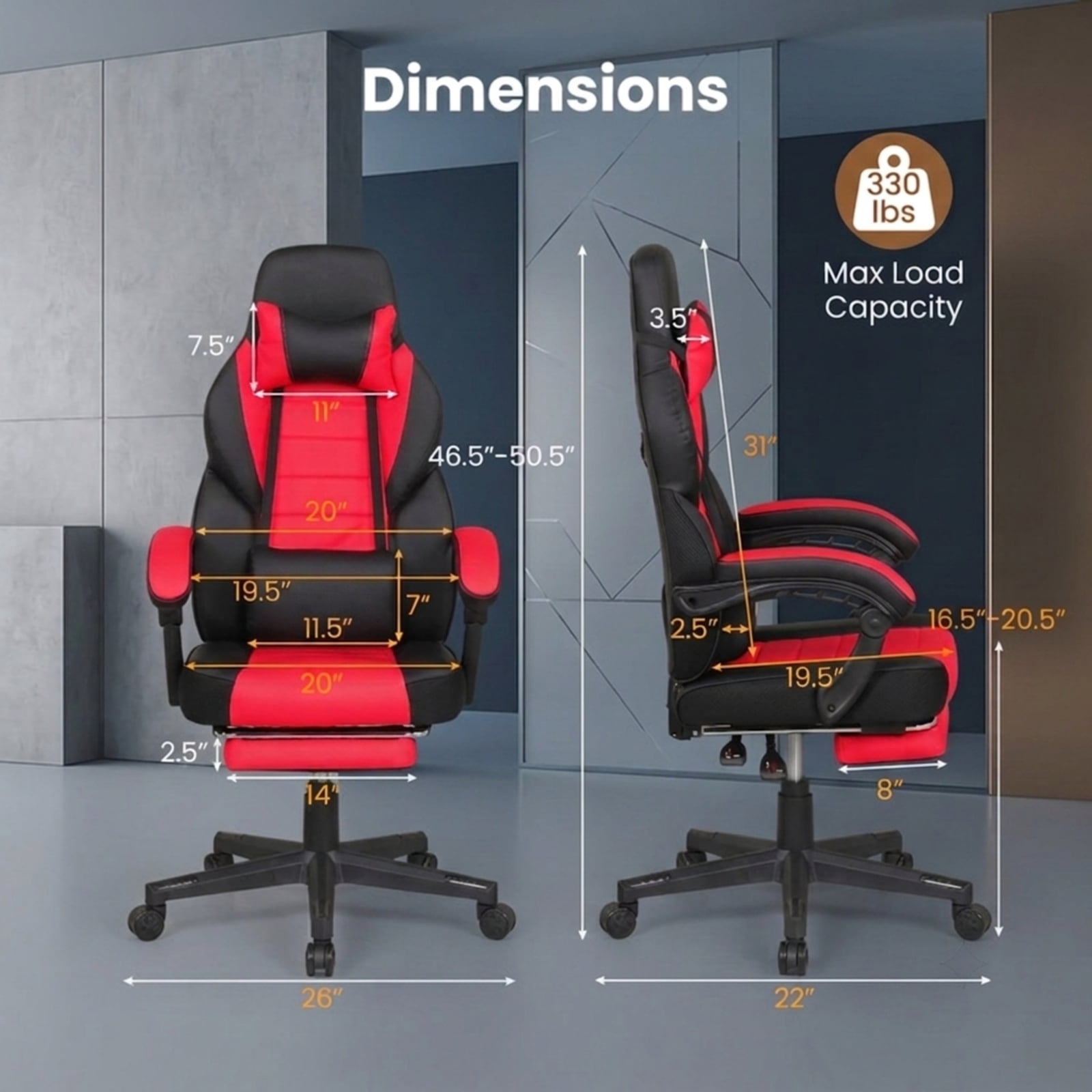 Furnibear Ergonomic Video Game Chair with Headrest Lumbar Support 155 Degree Recline Retractable Footrest and Swivel Metal Base for Home Office, Red