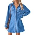 thumbnail image 2 of Female Denim Dress Long Sleeve Fall Western Outfit Babydoll Button Down Mini Jean Dresses Trendy with Pockets Blue M, 2 of 8