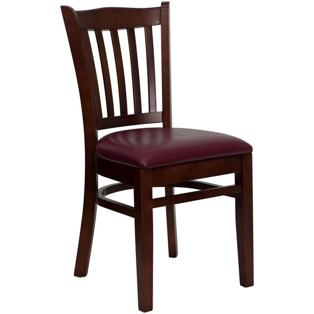 HERCULES Series Vertical Slat Back Mahogany Wood Restaurant Chair - Burgundy Vinyl Seat