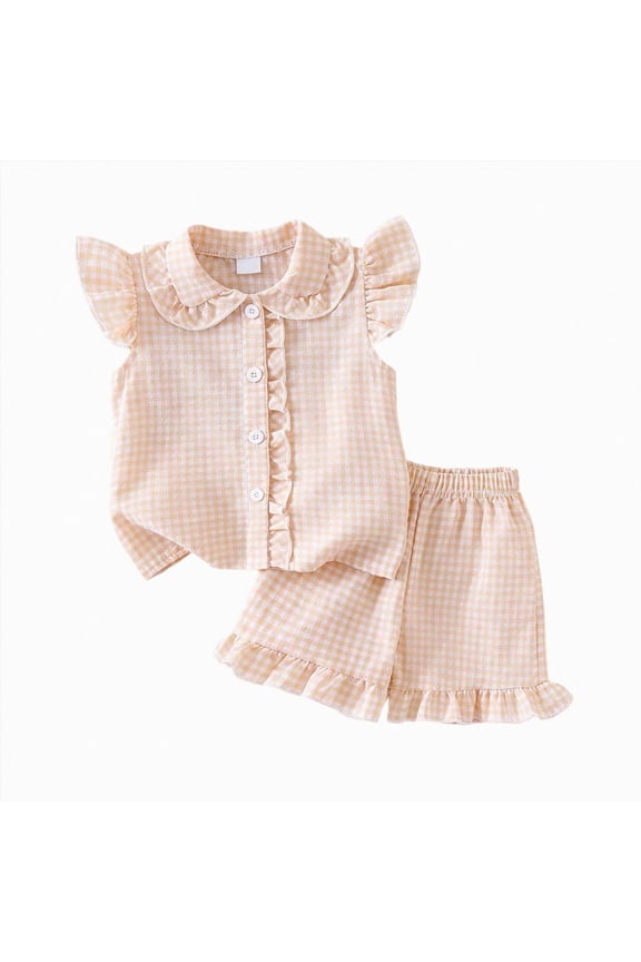 Toddler Baby Girl Outfit 2-3 Years Peter Pan Collar Sleeveless Vest Tops Gingham Print Elastic Waist Shorts Set Summer Clothes Beige