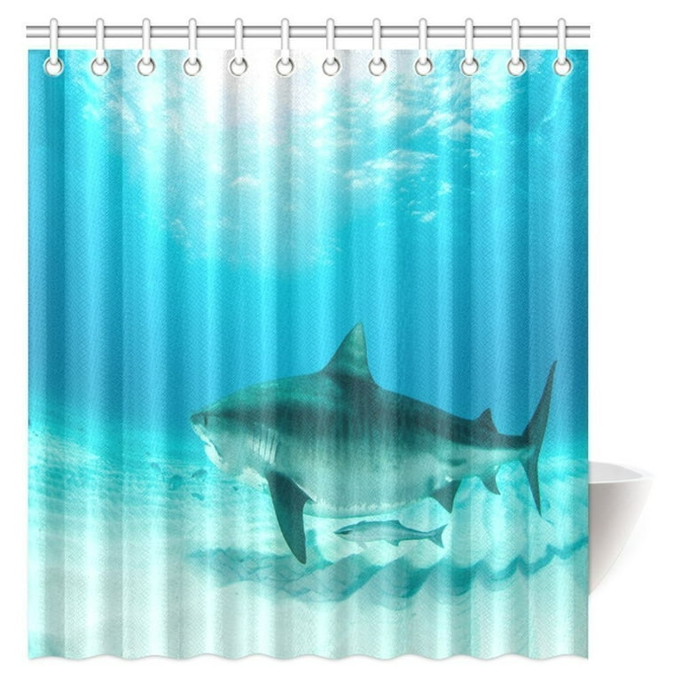 MYPOP Sea Animal Decor Shower Curtain, Tiger Shark Diving on the Bottom of  Water Danger Icon Wild Life Jaws Symbol Bathroom Shower Curtain with Hooks,  66 X 72 Inches 