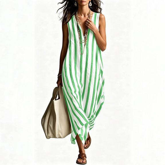 QUNYINEY Summer Plus Size Dresses for Women Sleeveless A Line Long Sundress V Neck Loose Fit Vacation Beach Solid Dresses