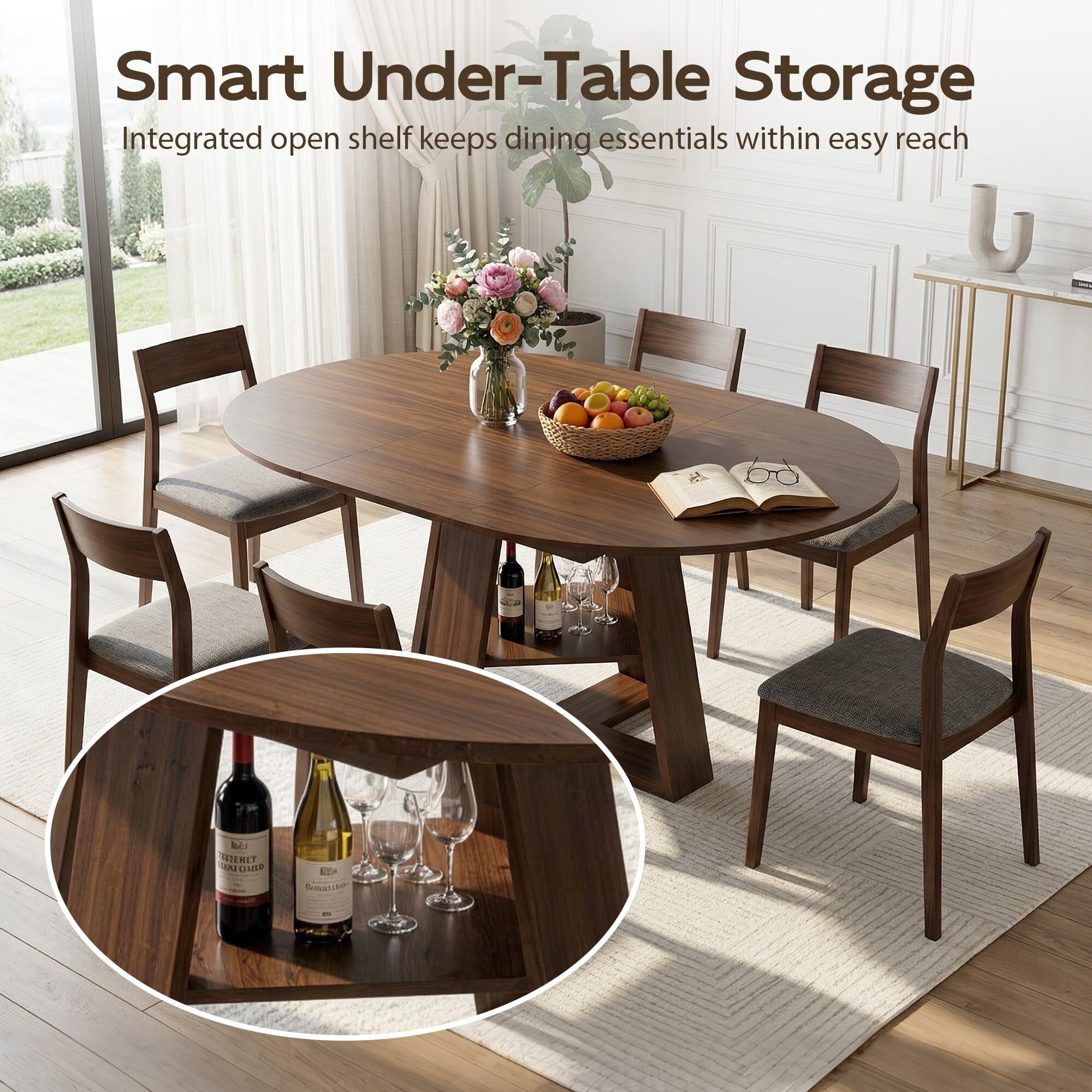 AENKYO 43" Extendable Dining Table for 4-6, Butterfly Leaf Table with Crisscross Storage Base, Walnut Finish
