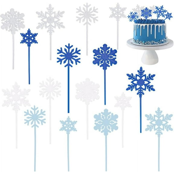 12 Sets 48Pcs Snowflake Cake Topper Bulk Christmas Cupcake Toppers Plastic Blue White Xmas Winter Holiday Dessert Cakes Topper for Birthday Festival Party Cupcakes Decorations Accessories
