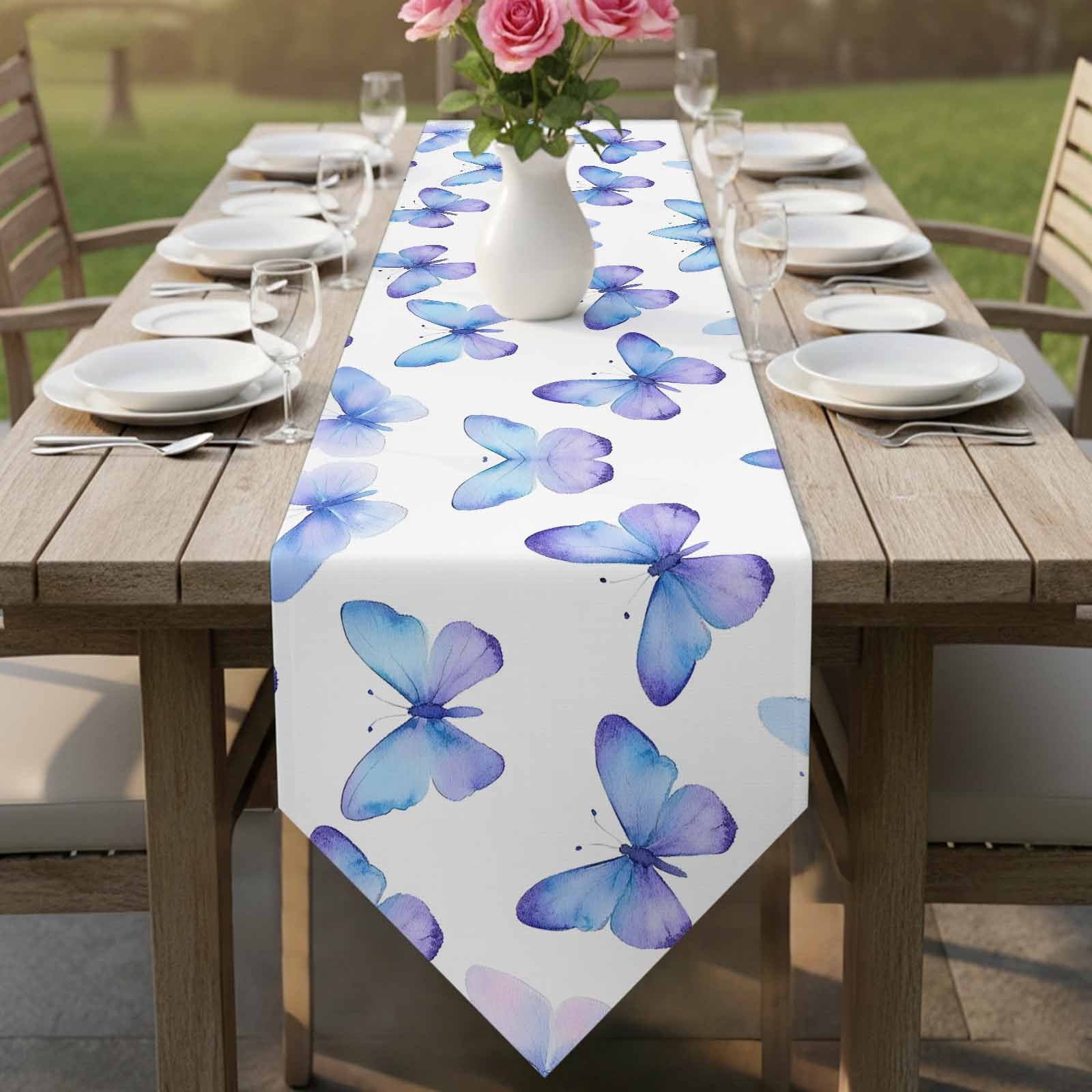Blue Purple Butterfly Table Runner Linen Burlap Table Runner 90 Inches Long Watercolor Elegance Butterflies Dresser Scarves for Kitchen Island Coffee Dining Party Wedding Holiday Decor 13"x90"