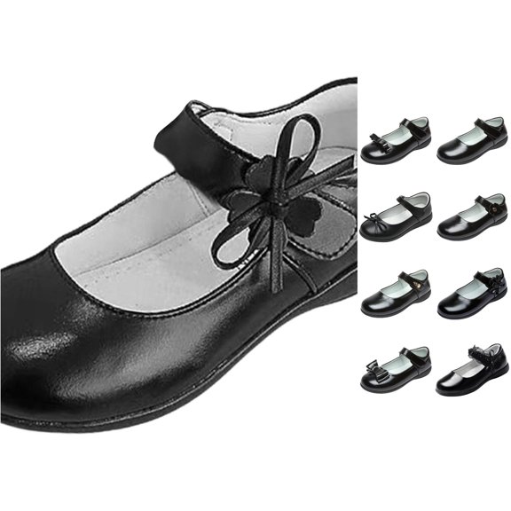 JAJAHO Kids Girls Black Dress Shoes Pu Leather School Uniform Mary Jane Flat Shoes Flower Girl Wedding Party Footwear 4-12Y