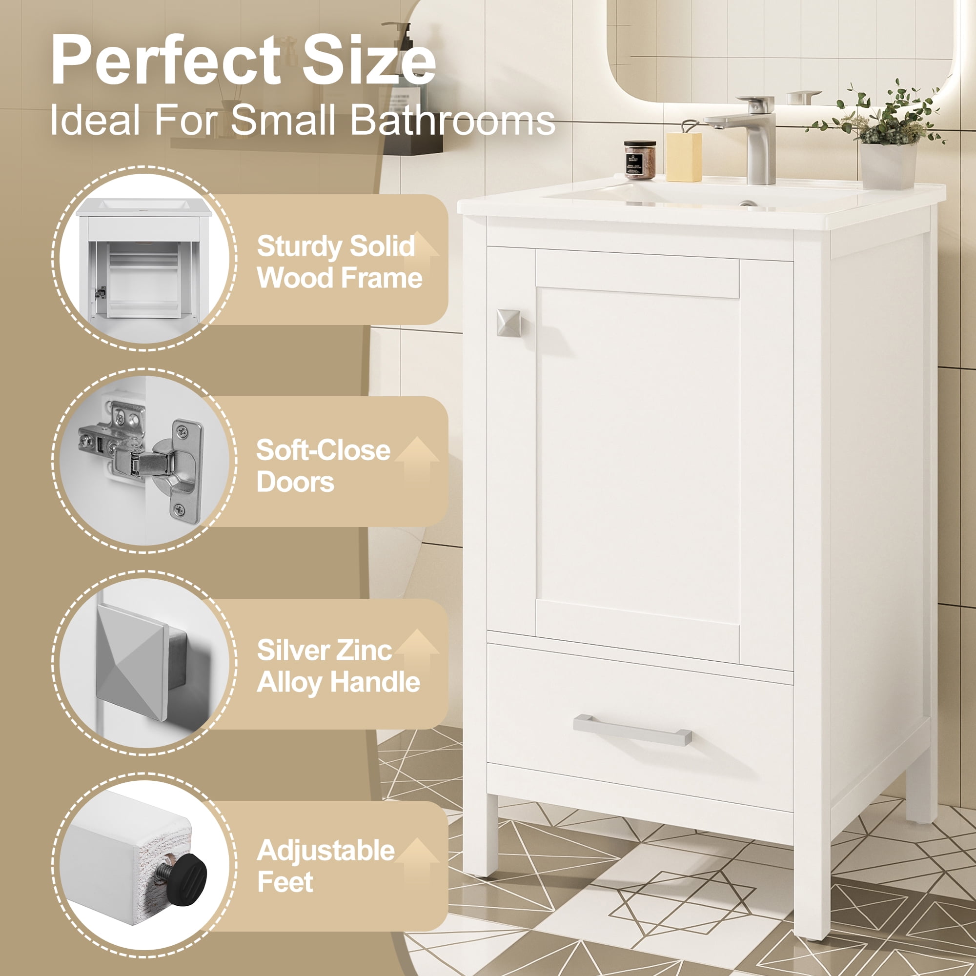 Euroco 20-Inch Modern Bathroom Vanity with Ceramic Sink, Soft-Close Drawer & Door, Double-Layer Door Organizer, Divider Drawer, Adjustable Foot Pads
