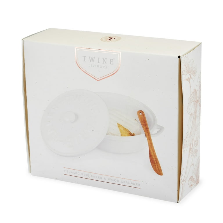 Twine Ceramic Brie Baker with Lid and Spreader, Stoneware, White