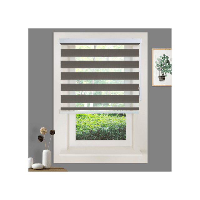 WYMO Zebra Blinds 34 x 72 INCH - Sheer Horizontal Blinds and Shades for Daytime and Nighttime - Light Filtering Roller Shades for Windows - Dark Grey - Manual Control Stick
