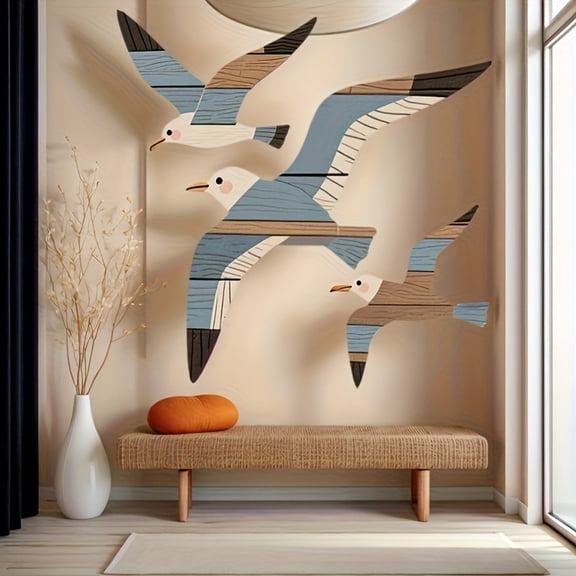 3Pcs Wooden Seagull Wall Decor Coastal Ocean Bird Wall Art Hanging Plaque Set for Bedroom Bathroom Living Room Nautical Home Decor,8.6"X9.1",by JASKFLY