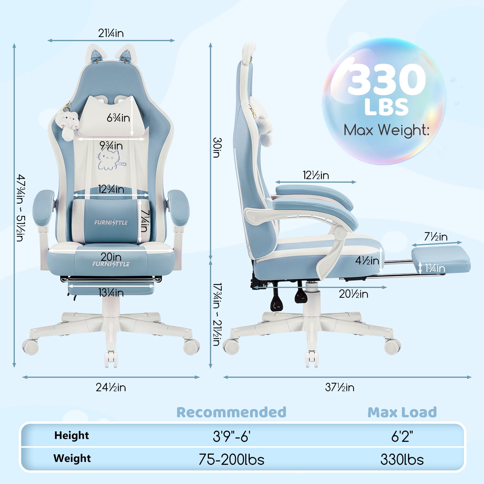 Falvinoryn Cute Gaming Chair, Ergonomic Computer Chair with Cat Ears for Girl, Lumbar Support and Headrest, Reclining Game Chair with Footrest. Blue