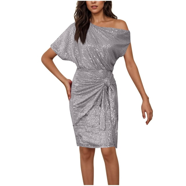 LOVZFMLL Robes d'Été pour Femmes 2025 à une Épaule, Taille à Nouer, Paillettes, Froncée, Cocktail, Fête, Bal, Boîte de Nuit, Midi, Portefeuille, Robe Transparente S