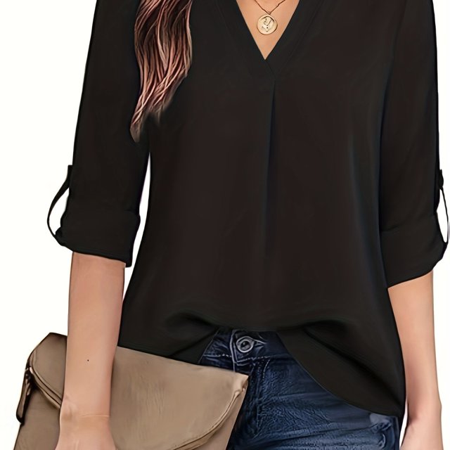 Blusa simple sólida, blusa casual de manga larga con cuello en V, ropa de mujer