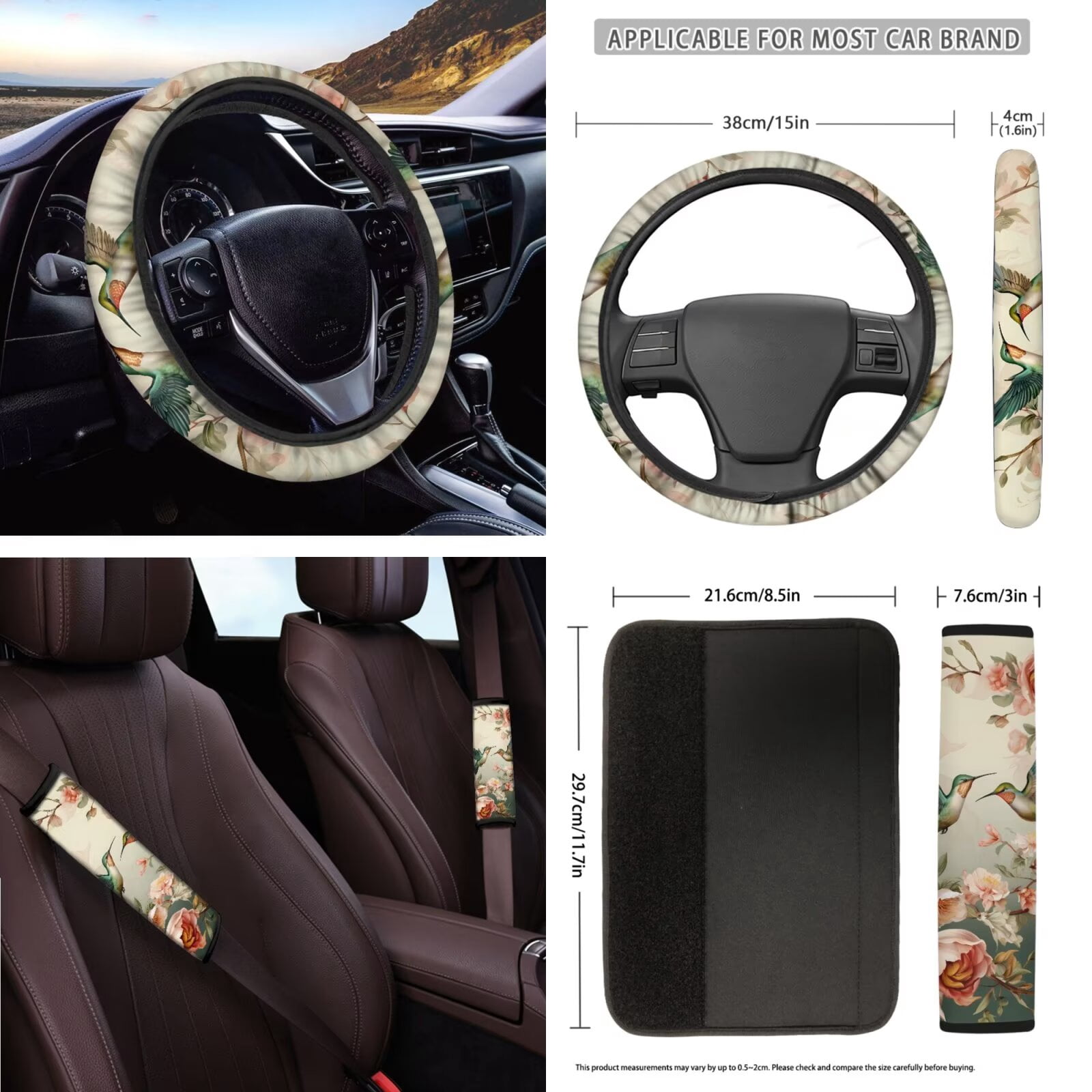 Garronmavis Aesthetic Flower Hummingbird 16 Pcs Car Accessories Set Car Seats Belts Shoulder Pad Covers Keychain Gear Shifting Knob Cover Cup Mats Front Window Sunshade Rearview Mirror Cover