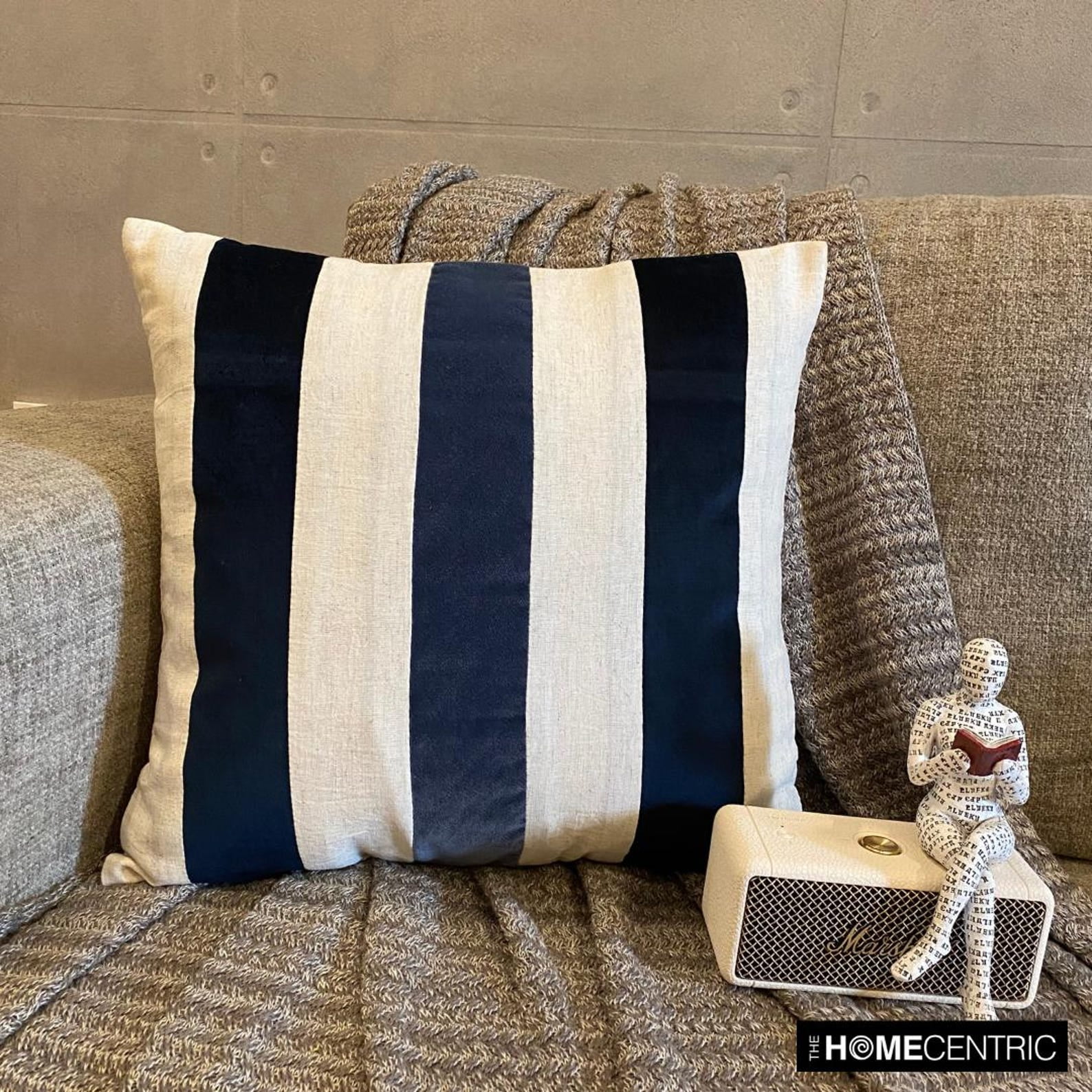 The HomeCentric Decorative Throw Pillow cover Navy 26"x26" (65x65 cm) Velvet & Linen Patchwork, Striped Pillowcases, Striped Modern Style - Velvet Band Navy