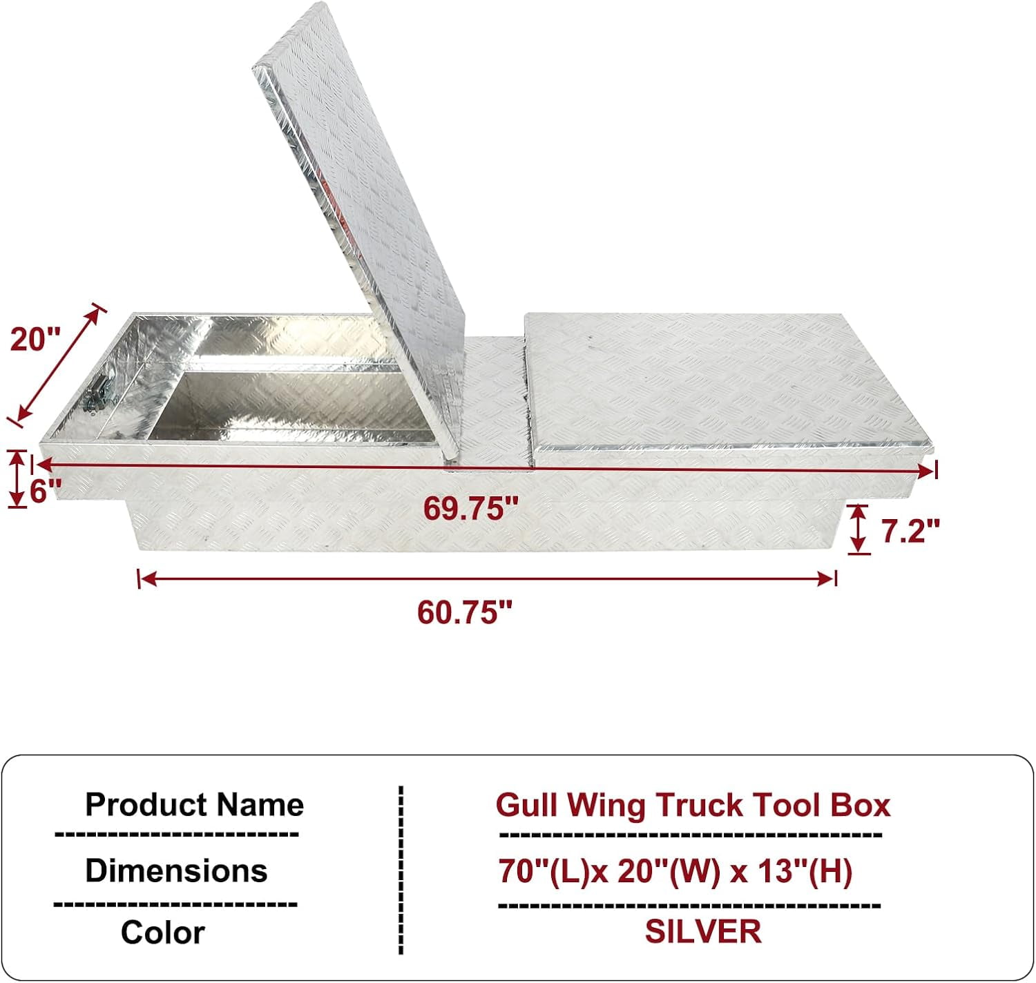 Gull Wing Crossover Truck Tool Box, 70"X20"X13" Aluminum Pickup Truck Bed Waterproof Tool Box Trailer Storage Organizer w/Lock & Key