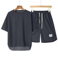thumbnail image 4 of Puliio Men's Summer Waffle Knit Pajamas Set Short Sleeve Crew Neck Top & Shorts With Pockets Sleepwear Sets 2 Piece, 4 of 4