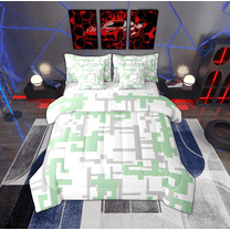 Manfei Modern Gaometry Aesthetic 7pcs Bedding Comforter Set,Pixel Geometric Queen Bedding Sets,Gray Green White Queen Sheet Sets For Boys,Ultra Soft Home Decor Reversible