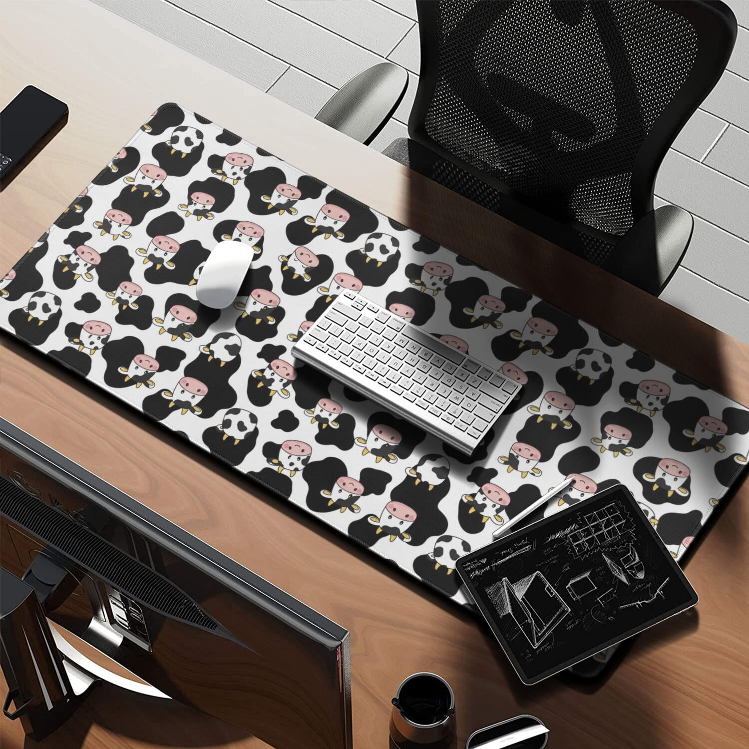 Long Mouse Pads for Desk,White Cow Black Spot Face Pattern Desk Mats on Top Of Desks, Desk Mouse Pad Extra Large with 3mm Non-Slip Base and Stitched Edge for Gaming,Office,Work,Home 35.4"x15.7"