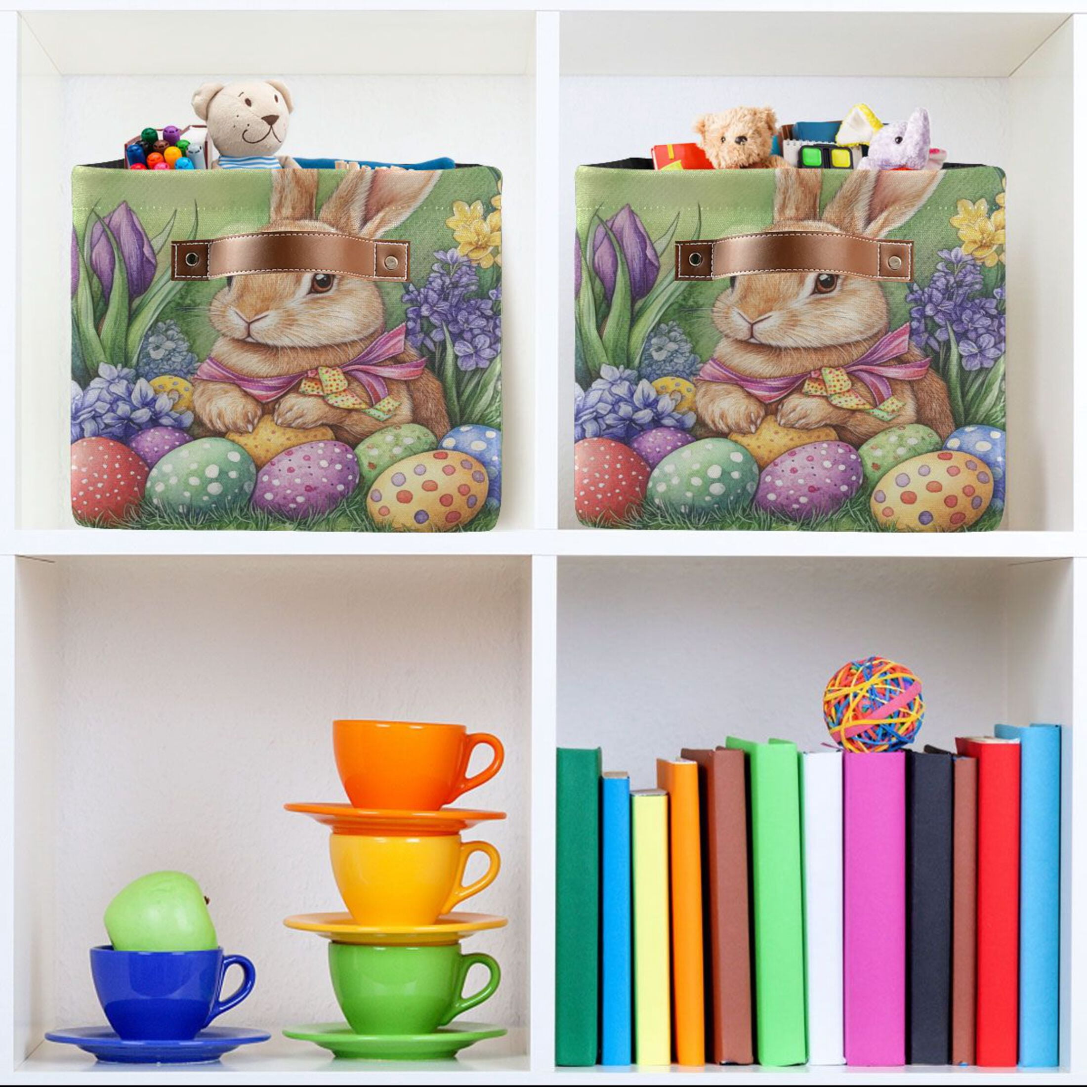 WOBOGO Easter Orange Bunny Square Storage Basket with Waterproof Canvas and PE Lining Durable PU Leather Handles 14.2×10.2×8.3in