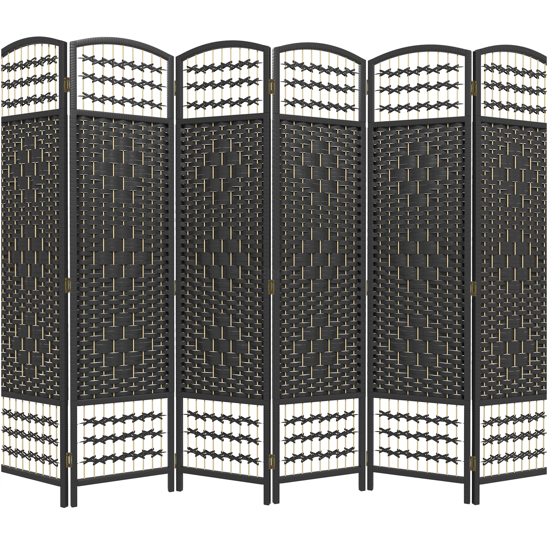 JERFIT 6-Panel Folding Privacy Screen Room Divider, Freestanding Partition Wall with Hand-Woven Wave Design for Home Office, Bedroom, Living Space in Black