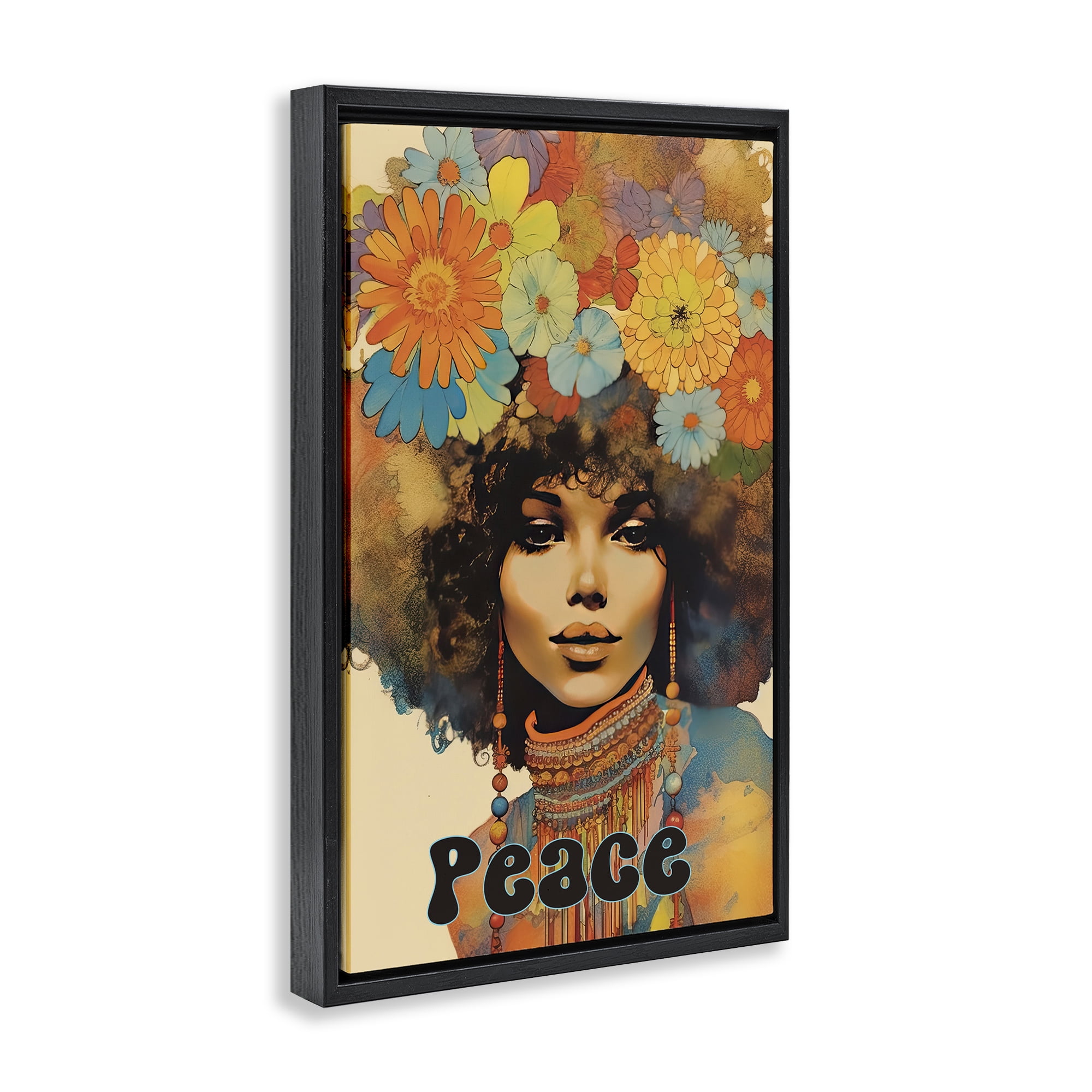 Peace Groovy Afro Girl Black Framed Floater Canvas Wall Art, design by Sasha