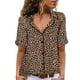 thumbnail image 2 of Camisa de manga corta con botones para mujer, blusa holgada informal con cuello vuelto y estampado de leopardo para viajes, café S, 2 of 6