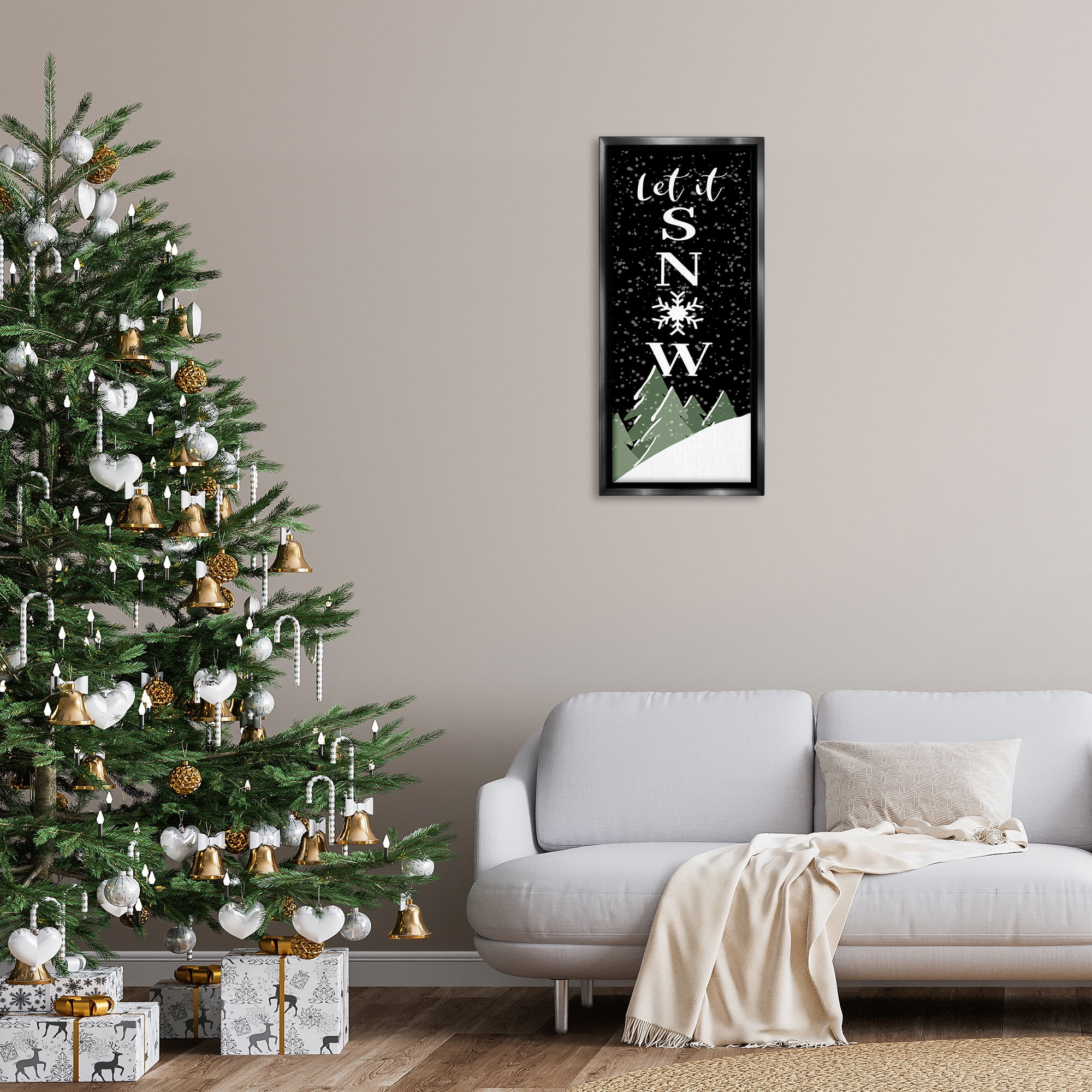 Stupell Industries Let It Snow Winter Scene Inspirational Painting Black Floater Framed Canvas Art Print Wall Art, 15 x 31