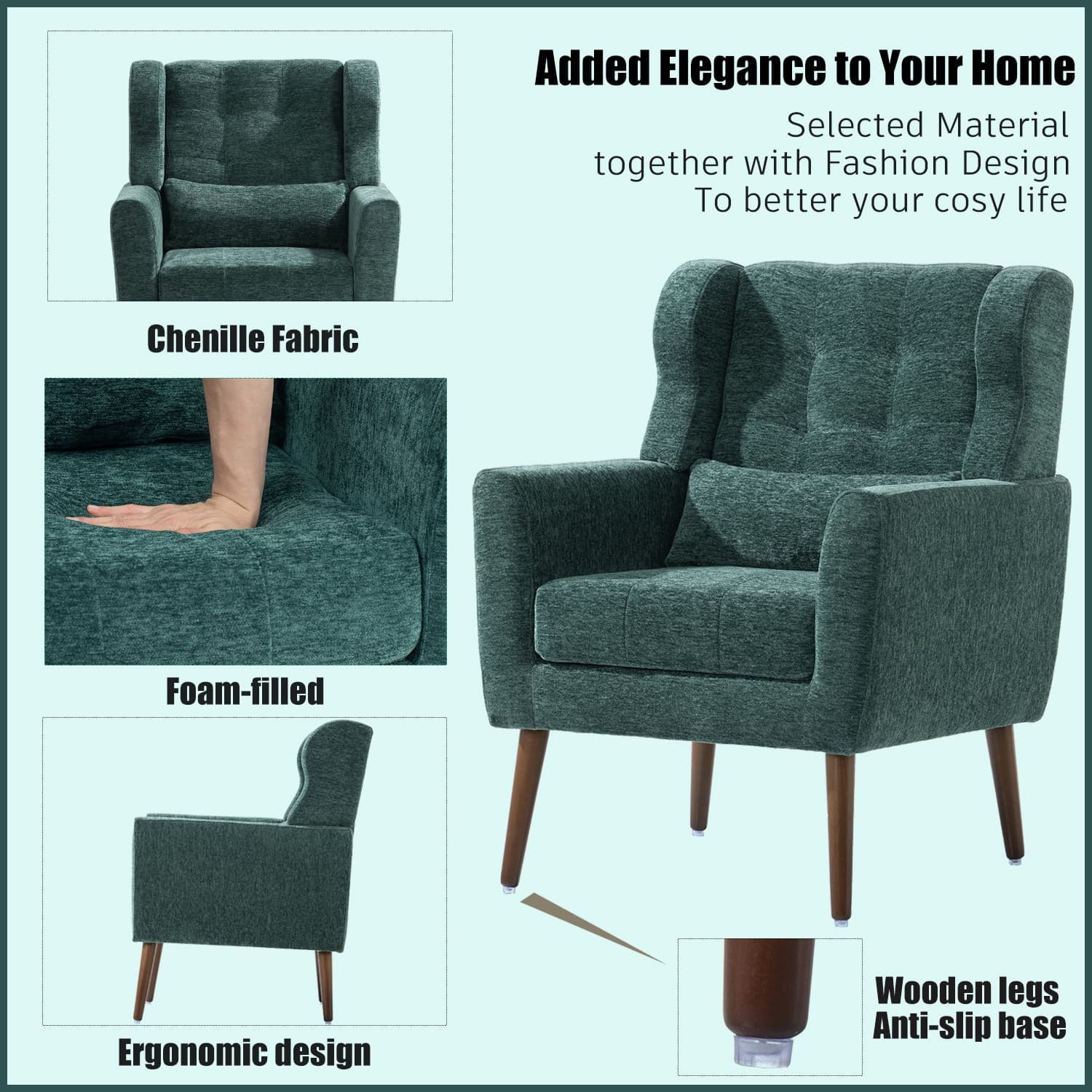 Aukfa Modern Accent Chairs,Chenille Arm Chairs for Living Room w/ Pillow for Bedroom,Blackish Green