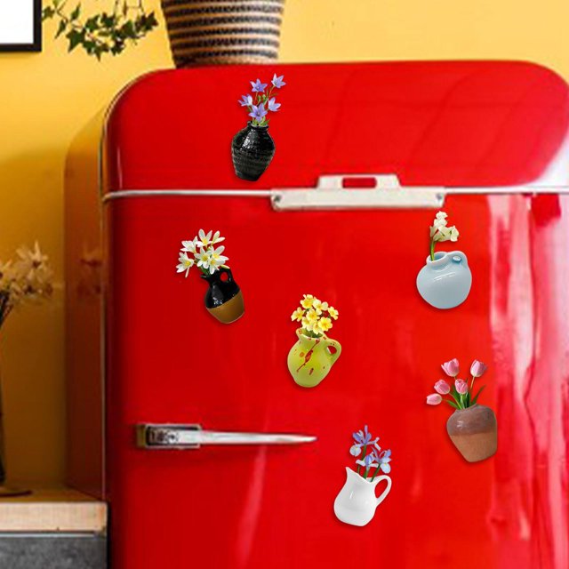 6 pegatinas pequeñas de cerámica para nevera, pegatinas decorativas para nevera, diseño de florero 3D para inauguración de la casa, para niños y