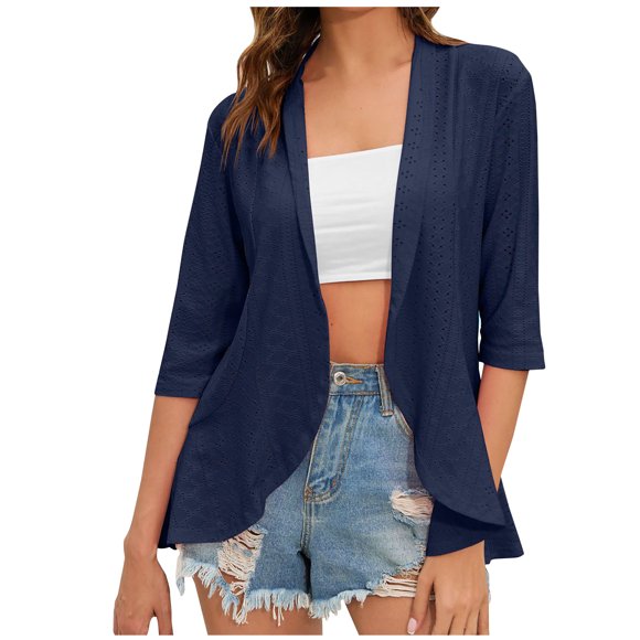 yoeyez Cardigans for Women Trendy Women's Solid Color Lightweight Cardigan 3/4 Sleeve Open Front Cover Up Hollow Out Soft Shrugs Sweater Navy,XL