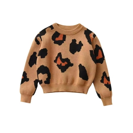 

Xingqing Toddler Baby Girl Boy Knit Sweater Long Sleeve Leopard Crewneck Pullover Top Shirt Blouse Kids Fall Winter Clothes Brown 18-24 Months