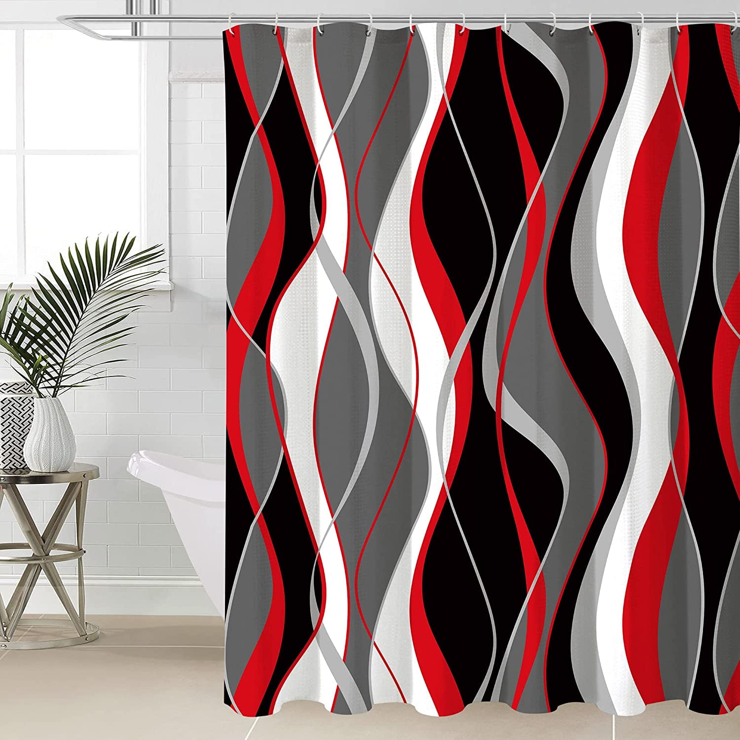 Black and Red Shower Curtain, Abstract Modern Grey and Red Bathroom