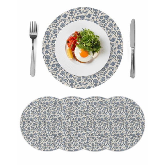 Light Blue Floral Round Placemats Set of 4 for Dinning Tables,Heat-proof Braided Table Mats 13 Inch,Rustic Vintage Flowers Botanical Spring Washable Place Mat for Kitchen Restaurant Party Table Decor