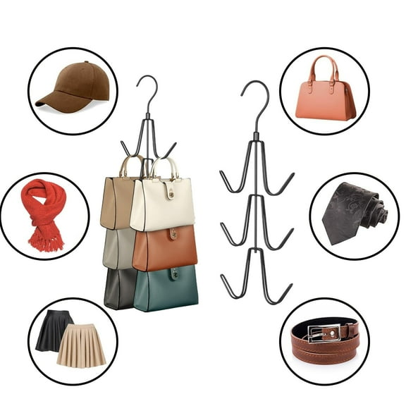 Purse Hanger Organizer for Closet,Handbag Organizer Hanger, 360°Swivel Metal Purse Hooks, Bag Rack, Belt Organizer, Tie Rack, Scarf Hanger, Bag Storage Organizer, Black