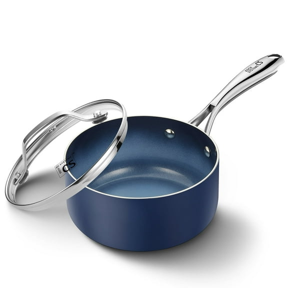 Koch Systeme CS 1QT Nonstick Saucepan with Lid, Ceramic Coating, Small Pot with Stainless Steel Handle, Easy to Clean, Oven Safe, Gradient Blue