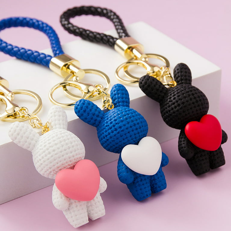 Keychain Knitted Stereo Creative Cute Animal Shape Phone Bag Car Rabbit  Keychain Valentine's Day Use,Black 