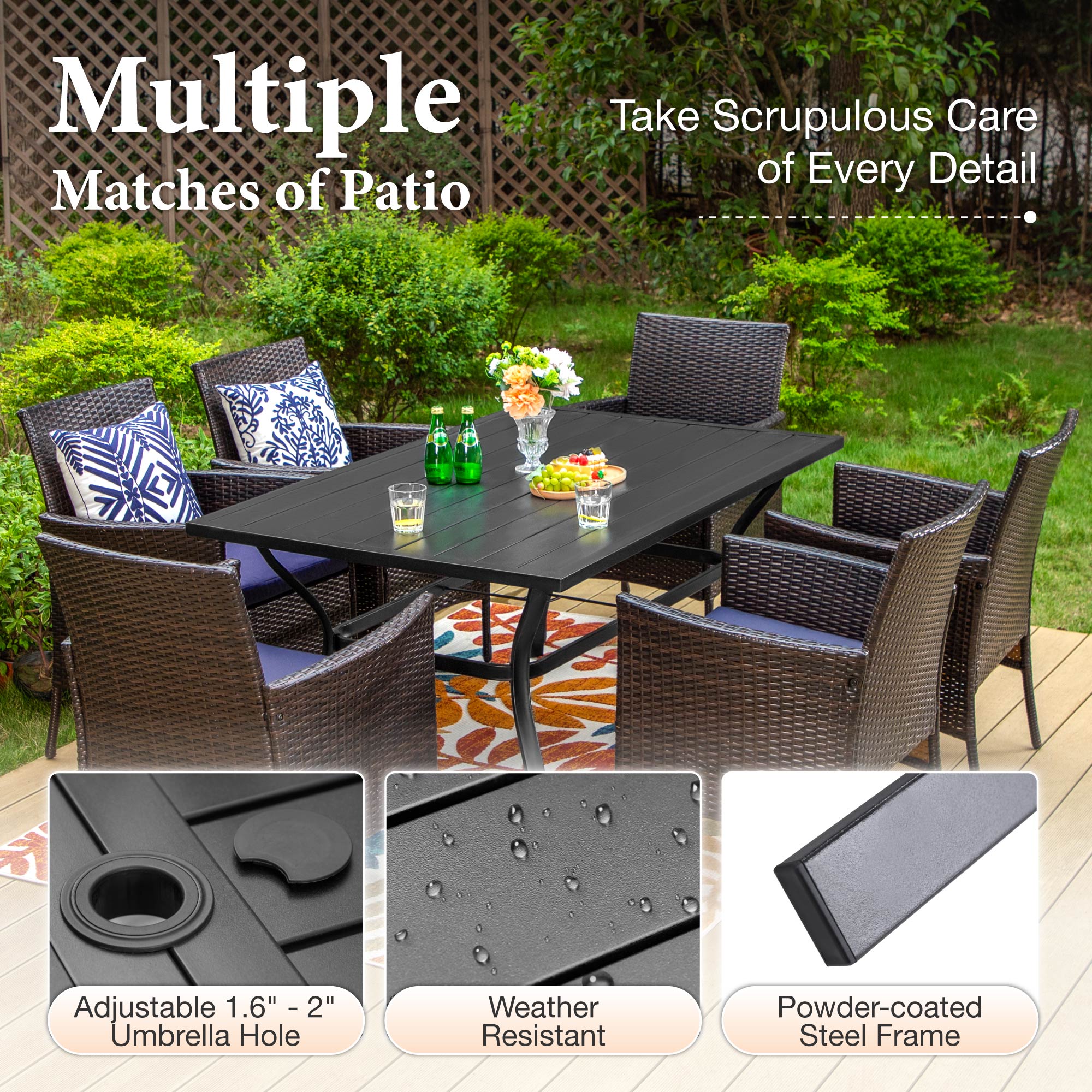 MF Studio 7-Piece Wicker Outdoor Patio Dining Set with Navy Blue Cushions, Rattan Patio Chairs and Metal Table with Umbrella Hole for 6 People, Black & Brown