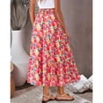 thumbnail image 3 of Women’s High Waist Maxi Skirt with Leaf Print Elastic Waistband Tiered Flowy A Line Long Skirt for Casual Wear Vermilion M, 3 of 6