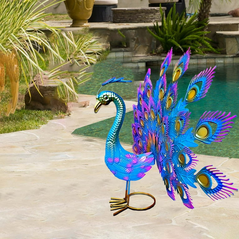3 Packs Wrought Iron Peacock Screen Hand Painted Metal Garden