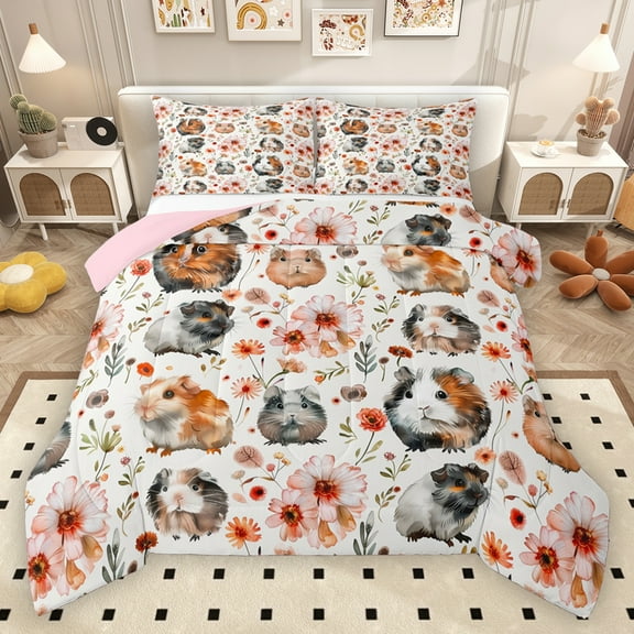 Homewish Kawaii Guinea Pig Bedding Comforter Set,Rustic Flower Twin Comforter Sets,Orange White Gray Bedding Set For Men Women,Microfiber Bedroom Decor Reversible,2-Piece