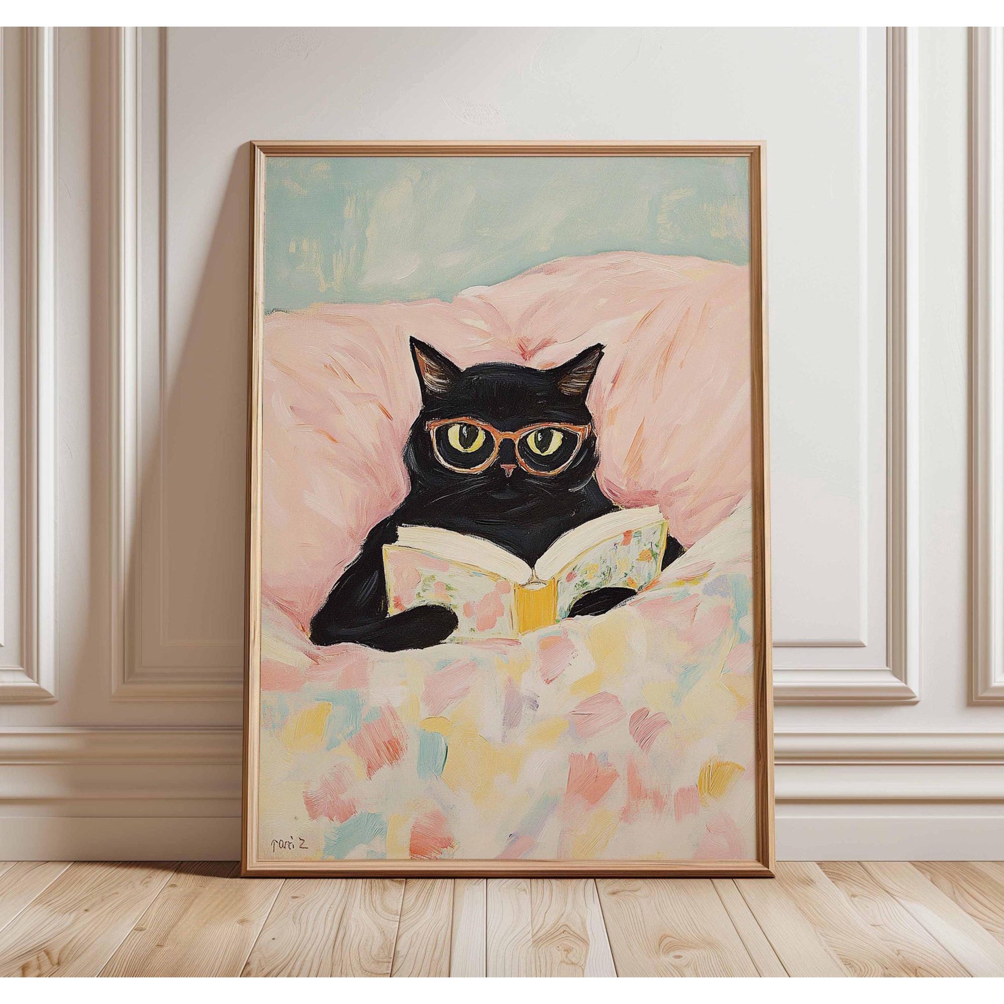 Funny Cat Reading Book Poster Botanical Wall Art Cat Lover Gift